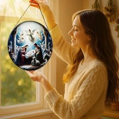 Stained Glass Nativity Scene Suncatcher, 8″ Window Hanging Ornament, Christian D