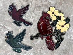 Vintage Stained Glass and Metal Bird Suncatchers RED GREEN WHITE Nature