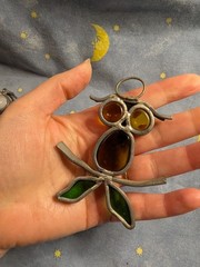 Handmade Stained Glass Owl Suncatcher – Teal Blue Green Brown Boho Folk Art Lot