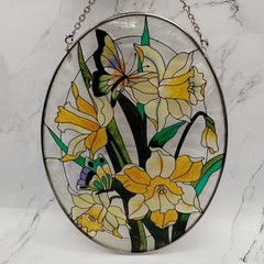 Amia Daffodil & Butterflies Stained Glass Suncatcher 8.75″x 6″ Oval Window Decor