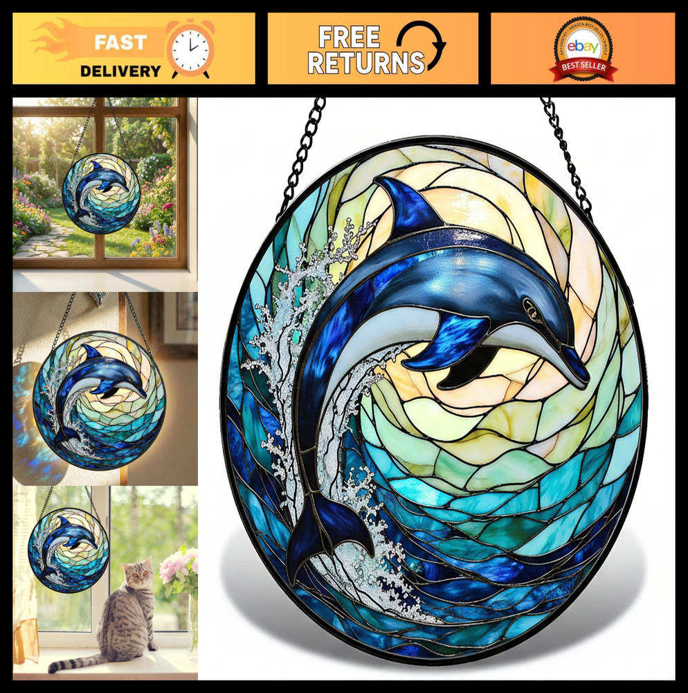 Dolphin Stained Glass Suncatcher – 9” Ocean Wave Window Hanging Decor Gift for