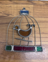 Vintage Handmade Stained Glass Bird in Bird Cage Sun Catcher Multi Color Caged