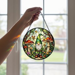 Gnome Stained Glass Suncatcher with Mushroom & Butterfly – Whimsical Home Decor