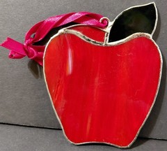 Vintage Red Apple with Green Worm Stained Glass Suncatcher