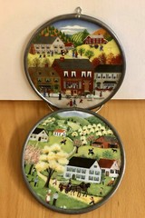 Mid Century hand painted glass Set of 2 Fall and Spring M Calzette suncatcher