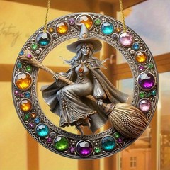 Vintage Silver Witch Crystal Frame Printed Acrylic Ornament Halloween Gift