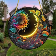 Colorful Sunflower Moon Hanging Sign Boho Garden Decor for Outdoor/Indoor Home