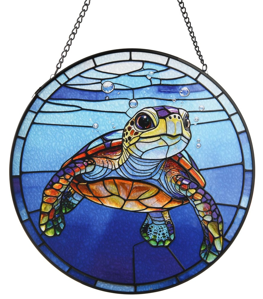 “Big Eyed Turtle Stained Glass Suncatcher for Home Garden Decor, 7.8 in”