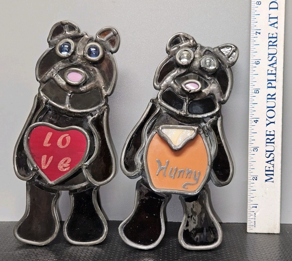 2 Leaded Stain Stained Glass Teddy Bears 7″ Tall Handmade?