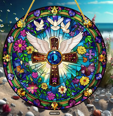 Stunning Acrylic Cross Suncatcher, w/Angel Wings & Doves, Stained Glass Look, 8″