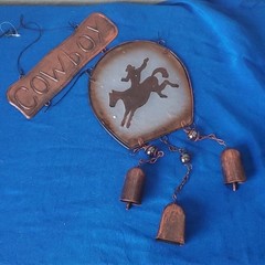 Vintage Western Metal Wind Chime Cowboy Bronco Horseshoe Decor Copper Tone