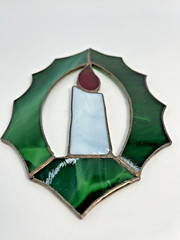 Stained Glass CHRISTMAS Candle Holly Sun Catcher Ornament VTG 6.4”x 4.5”