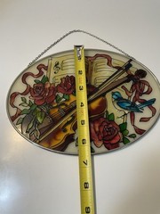 Vintage Joan Baker Art Glass Winter Suncatcher Roses Violin Music Book
