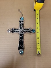 Hanging Cross Glass Green Blue Suncatcher Beads Silver Metal Pretty