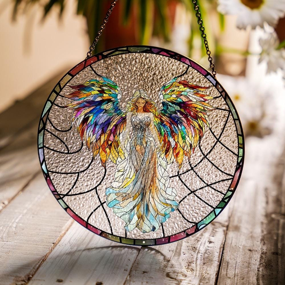 Angel Glass Suncatcher, Colorful Wings Window Hanging Ornament