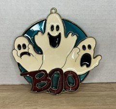 Vintage Three Ghosts Halloween Suncatcher 5 x 5″ Boo Metal & Enamel Happy Spooky