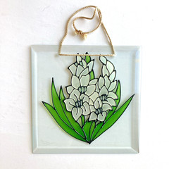 Floral Painted Beveled Glass Sun Catcher Square White Hyacinth Green Leaves 8×8
