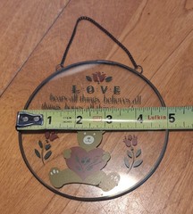 VTG Teddy Bear Holding a Heart Stained Glass “Love Never Ends” 5X5 Suncatcher
