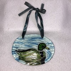 Oval Mallard Duck Design Painted Glass Window Sun Catcher with Ribbon 4.5″