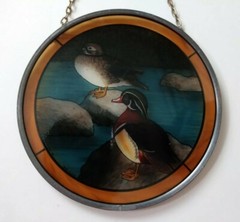 Vintage 80s Glassmasters Inc. Wood Duck Stained Art Glass Suncatcher 6.25” USA