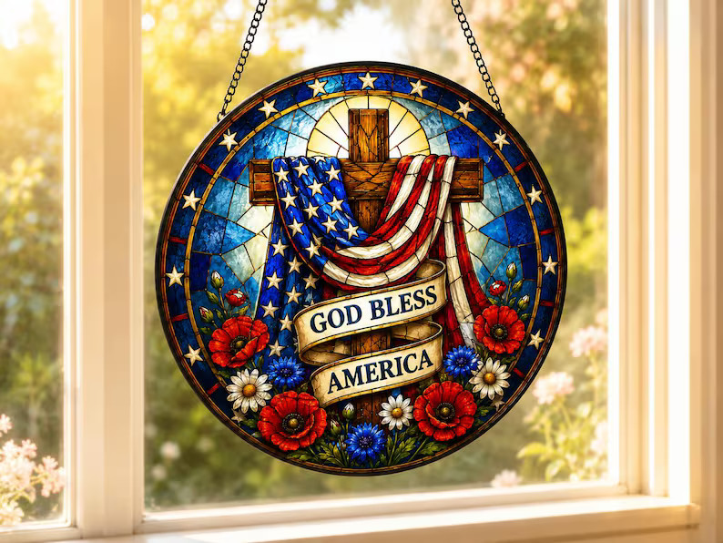 Patriotic Stained Glass Suncatcher American Flag Window Art Decor Gift