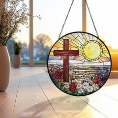 Christian Cross Stained Glass Suncatcher, Floral Sunrise Window Hanging