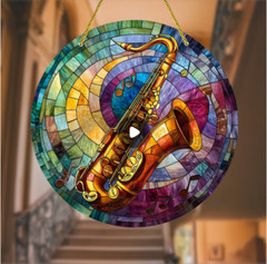 Medium Colorful Saxophone Suncatcher, Acrylic, Stained Glass Look, 2D, 6 in