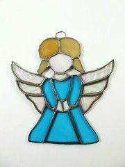 Stained Glass Angel Flat Hanging Suncatcher Ornament Vintage 1980s Aqua Blue