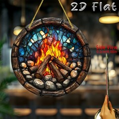 Campfire Log Stone Wooden Rim Round Acrylic Suncatcher Cabin Window Ornament