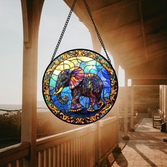 Stained Glass Blue Elephant Suncatcher for Home Decor and Gifts 7.8 in