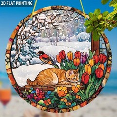 Outdoor Acrylic Sun Catcher Winter Cat Tulips Scene Balcony Garden Hanging Decor