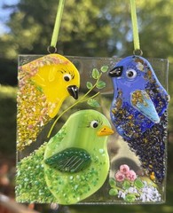 Fused Glass Handmade Square 4”x 4” Multicolor Sun Catcher Signed By Artist