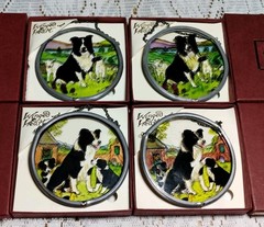 STAINED GLASS ORNAMENTS COLLIE DOG WITH PUPS & LAMBS WIMGED HEART, LOT OF FOUR