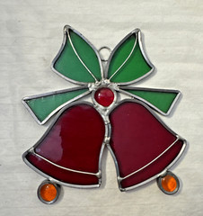 Handmade Holiday Bells & Bow Stained Glass Sun Catcher 5 in Green Red Orange