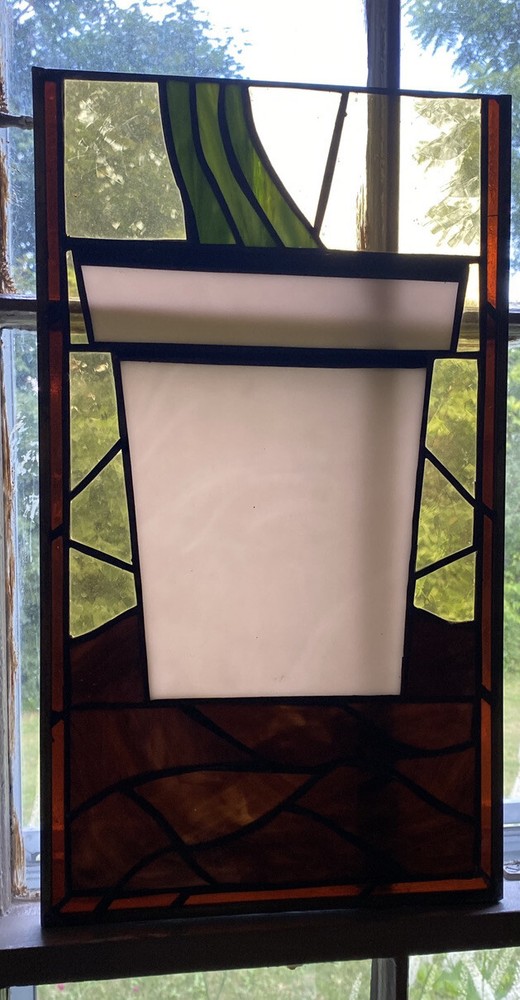 Unique Hand Made Stained / Leaded Glass Window Panel 18.5×10 Plant? Coffee?
