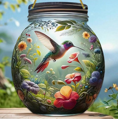 SUNCATCHER-Hummingbird In Mason Jar Multicolor Acrylic Window Decor 6.6 x 7.8″