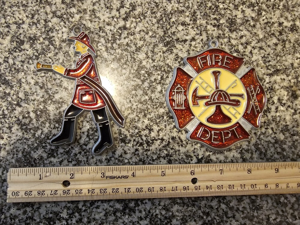 Two Vintage Fire Dept Stained Glass SunCatcher Ornaments Fireman Firefighter