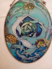 AMIA Large Oval Glass Dolphins/Fish Hand Painted Suncatcher, New, 6.5″