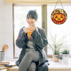 Halloween Pumpkin Stained Glass Window Hanging Sun Catcher 7.87inch Decoration