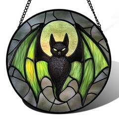 CRISGIF Stained Glass Window Hanging – Halloween Black Bat Green Wings Monste…