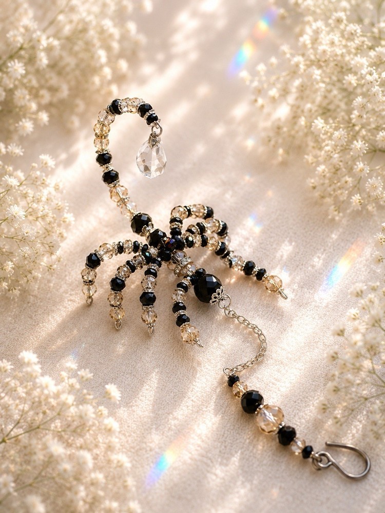 Handmade Black Crystals Beaded Scorpion Suncatcher Window Hanging