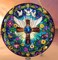 Stunning Acrylic Cross Suncatcher, w/Angel Wings & Doves, Stained Glass Look, 8″