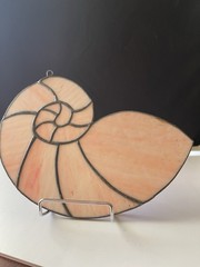 Stained Glass Nautilus Shell Sun Catcher • Iridescent Pink Opalescent Leaded Art