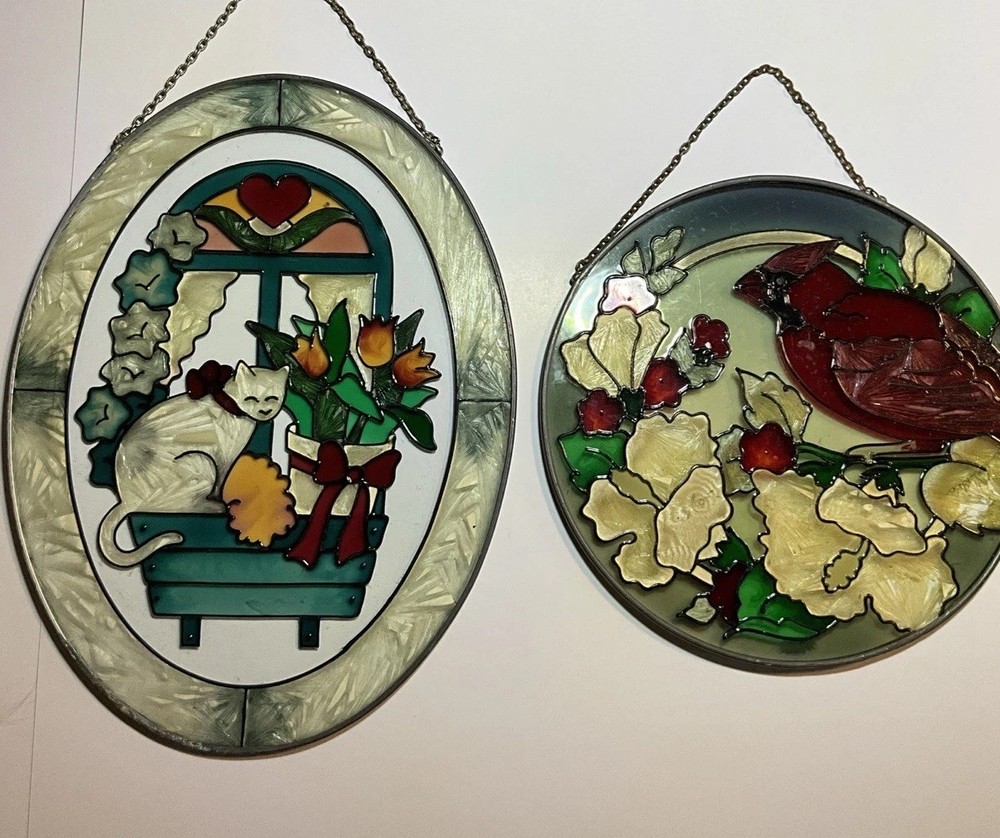 Vintage Pair Of Stained Glass Suncatchers Cat Cardinal Flowers Window Decor