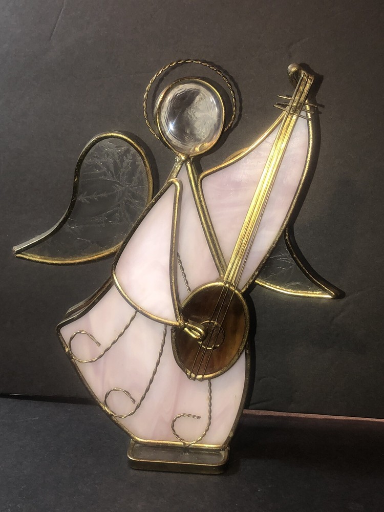 Stained Art Glass Pink Leaded Angel Suncatcher Figurine Lute Musical Instrument