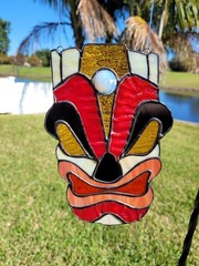 Stained Glass Tiki, Wall, Window Art, Handmade w/ Art Glass, Polynesian, Gold