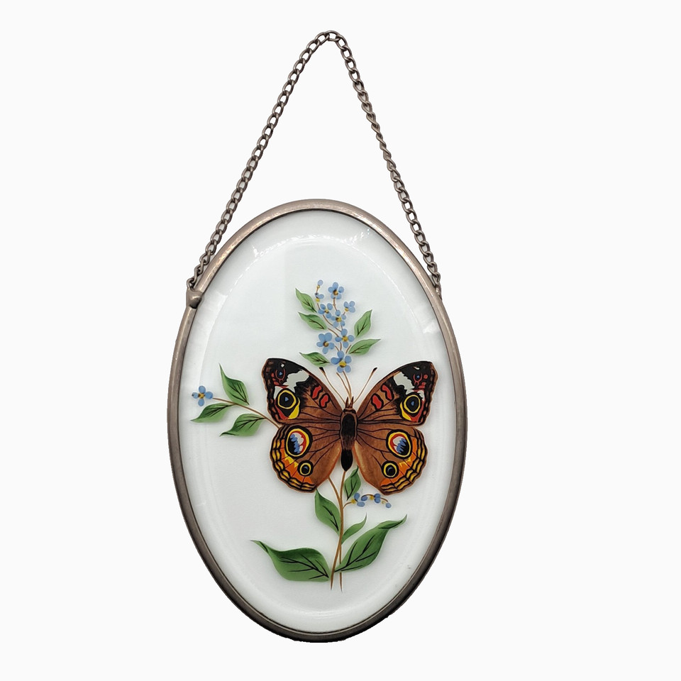 Vintage Lyford Reverse Painted Oval Beveled Glass Butterfly Flowers Suncatcher