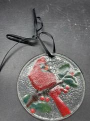 Glass Suncatcher Cardinal Bird Ornament Hanging Fused Glass 3.5”