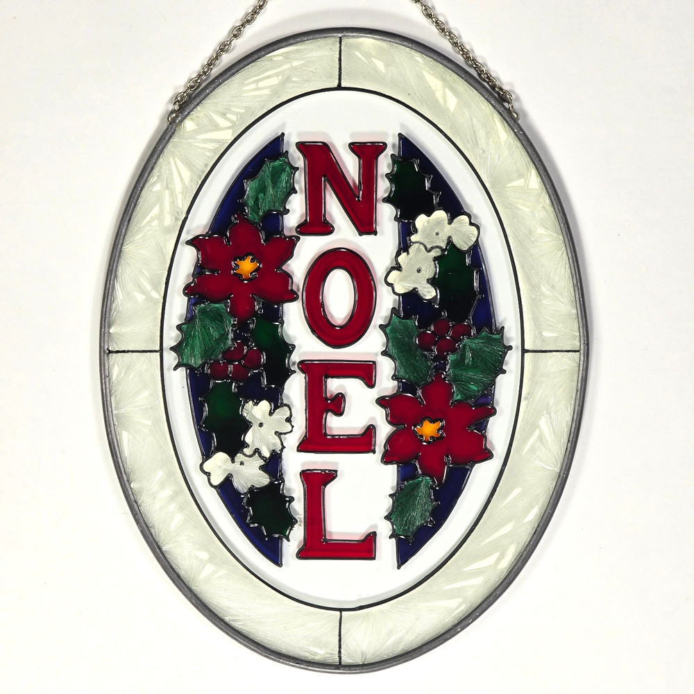Vtg 1994 Joan Baker Hand Painted Glass Suncatcher Noel Christmas Holidays Holly