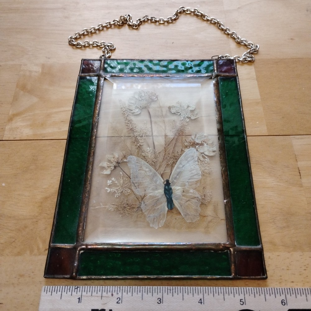 Vintage Pressed Flowers & Butterfly Suncatcher Beveled Colored Glass Wall Hanger